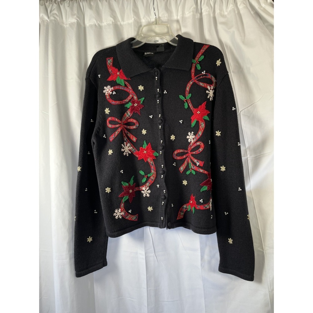 Erika Christmas Sweater Holiday Cardigan XLarge Poinsettia Collared Vintage